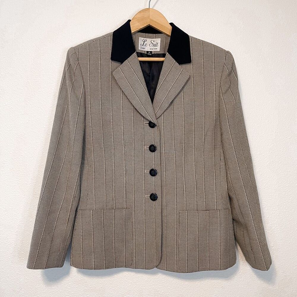 Vintage Le Suit Textured Black Collar Blazer Jacket Size 14